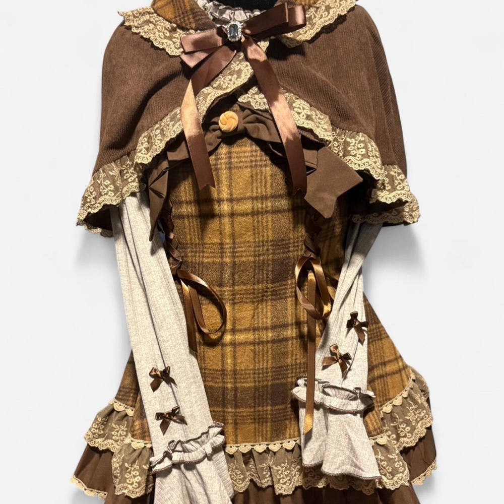 Brown and cream Lolita dress with lace cape and bow details, three piece set